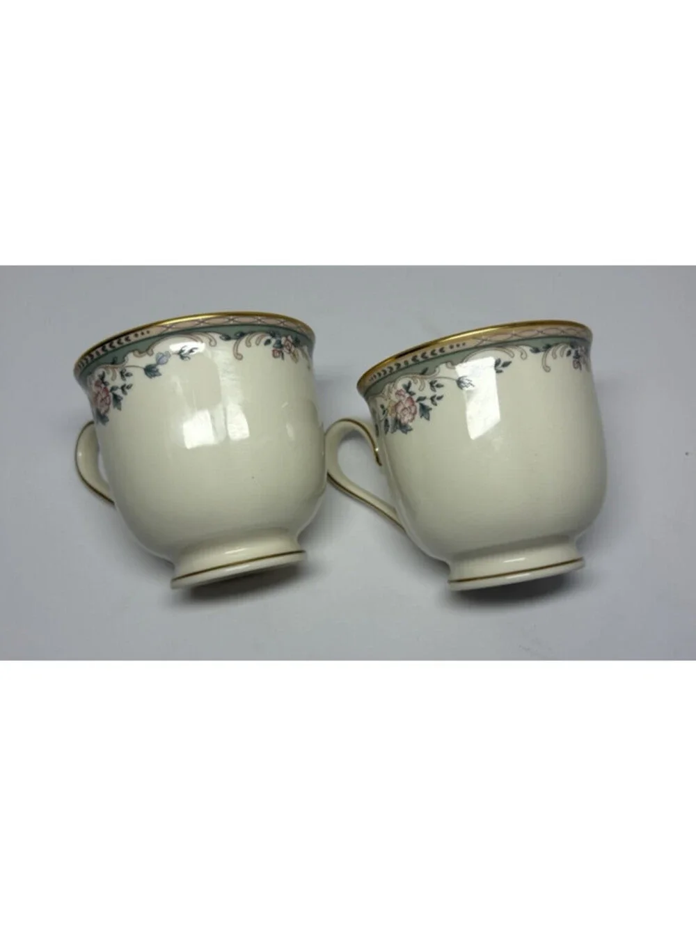 Pair Of Lenox Spring Vista USA Bone China Teacups Gold Rim Green Border